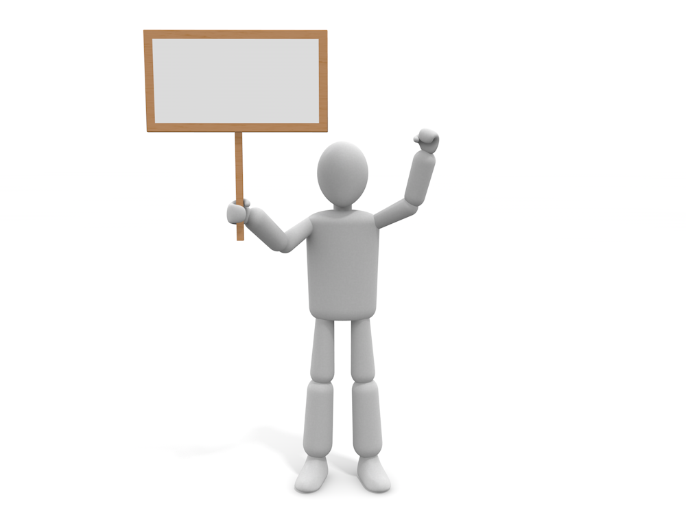 A high-quality free illustration of a person holding a placard and raising his fist to make a statement. A symbol of demonstrations, protests, and opinions.
