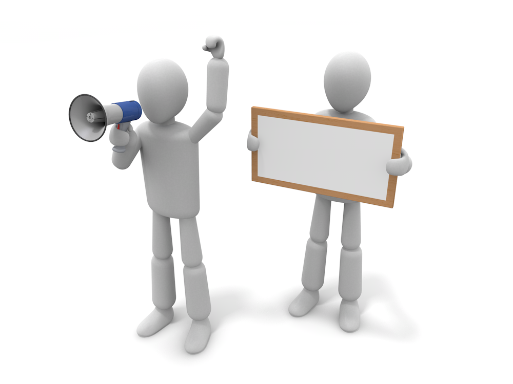 A free illustration of a person shouting with a megaphone and a person holding a blank placard. An image of announcement, expression of opinion, and protest.