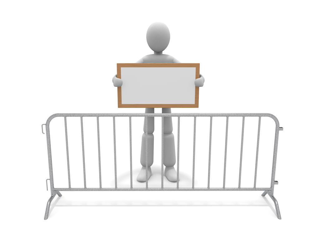 Free illustration of a 3D person standing in front of a barricade and holding up a message board. Free material that can be used to display no entry, warnings, and guidance.