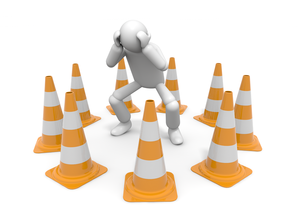 An illustration of a confused 3D person holding his head surrounded by multiple traffic cones. It represents the occurrence of a problem or a difficult situation.