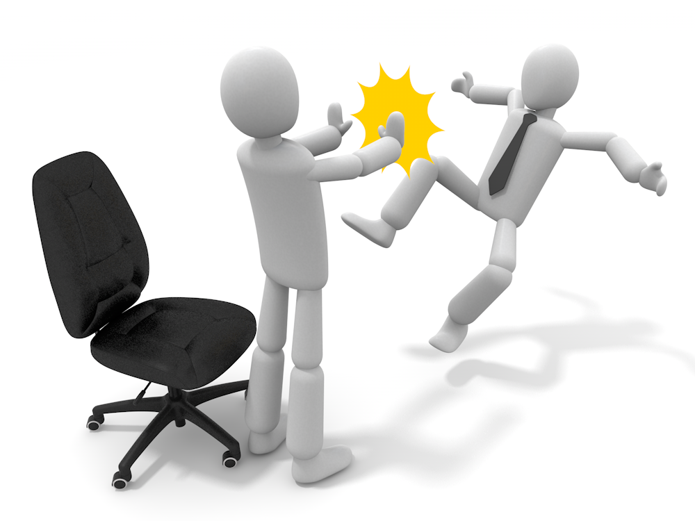 Free illustration of office chairs with human figures fighting in an office and another figure stopping them