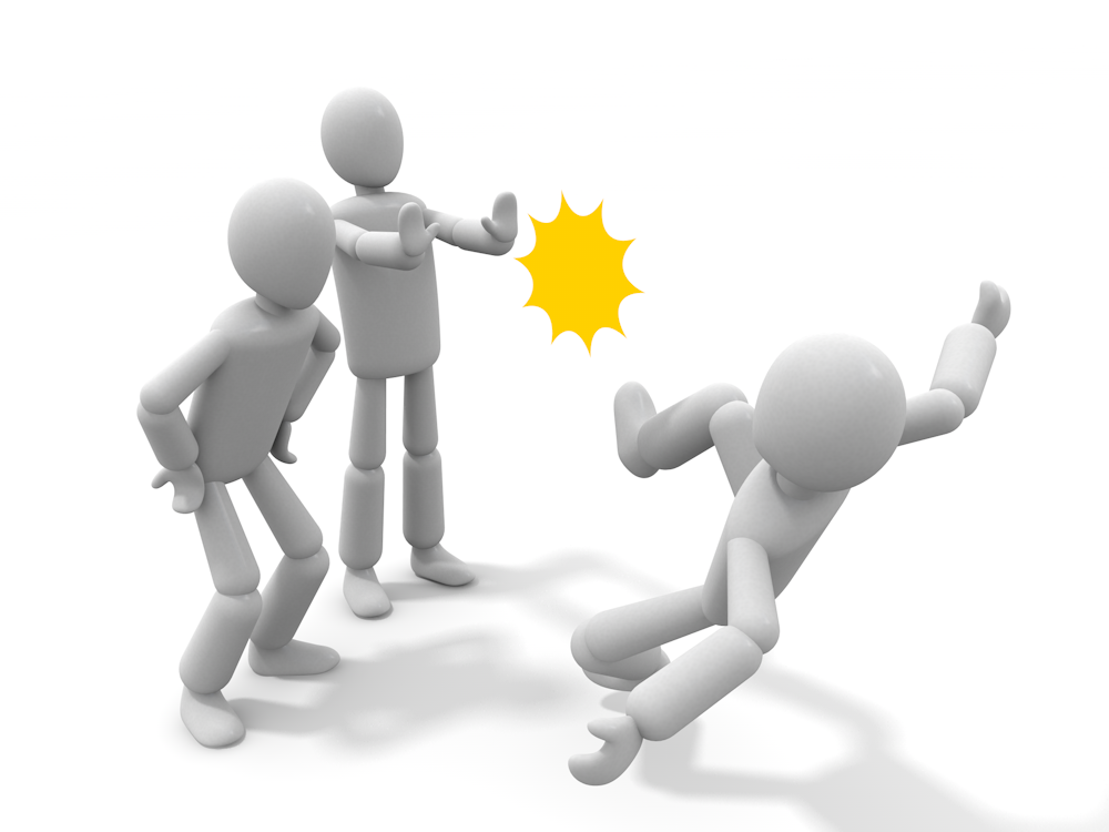 Free illustration of bullying depicting two people bullying one person. Expresses the social problems of harassment and violence.
