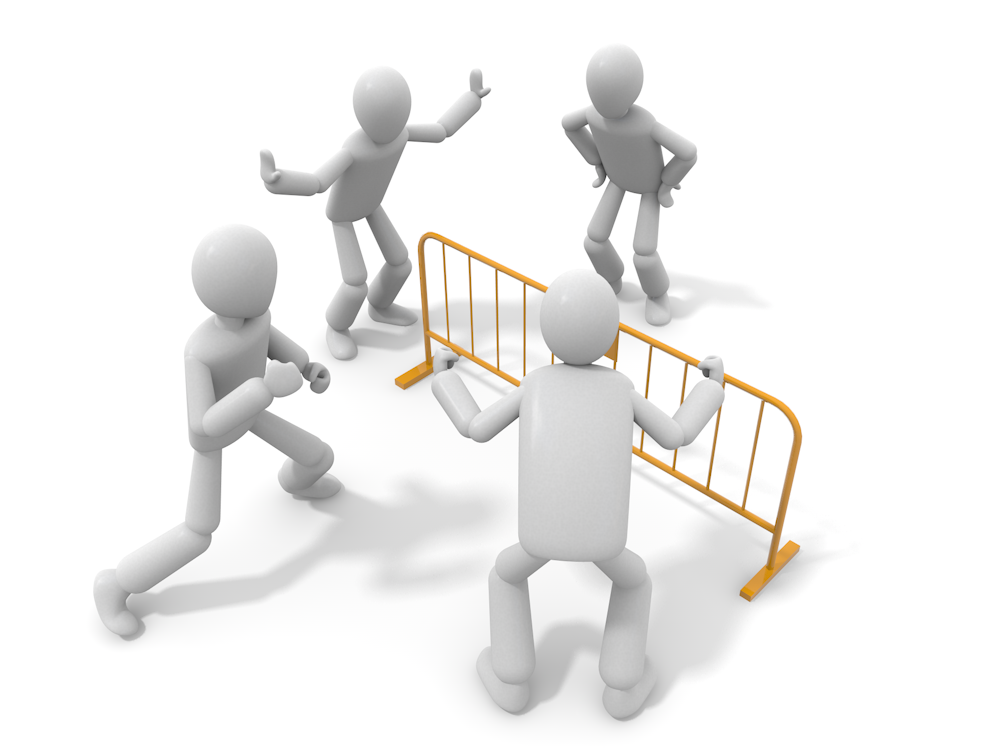 A free illustration of a conflict and resolution where three people are arguing and one person is trying to mediate with a barricade between them.