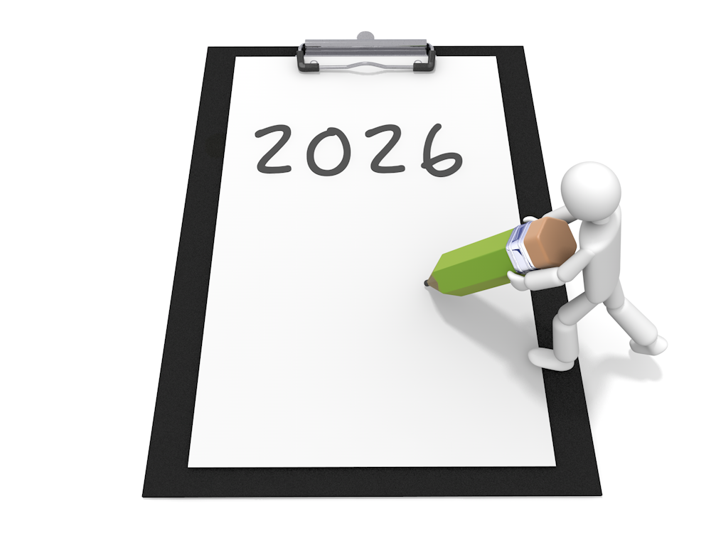 A free illustration that symbolizes the setting of goals and planning for the new year, depicting a person writing "2026" on a clipboard.