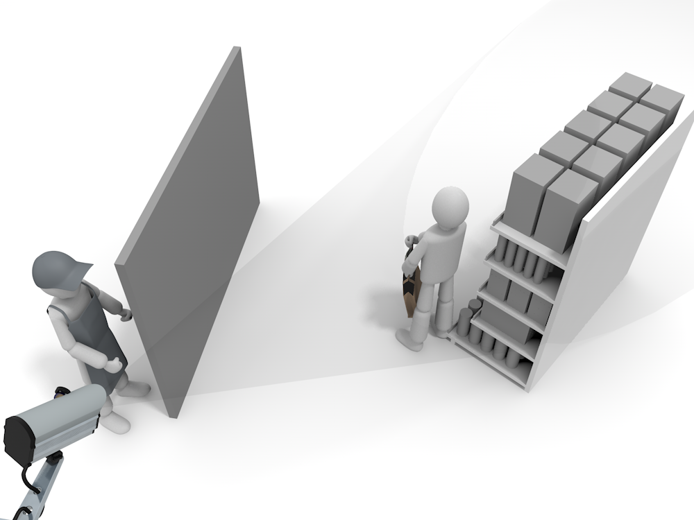 A free illustration of store crime prevention depicting a store clerk and a surveillance camera watching shoplifters from behind the wall.