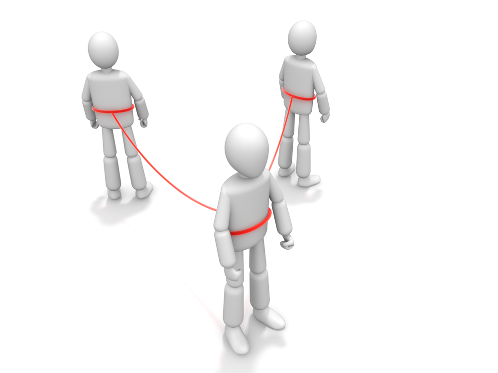 A free illustration of three people intricately connected by a red thread, symbolizing human relationships and teamwork.