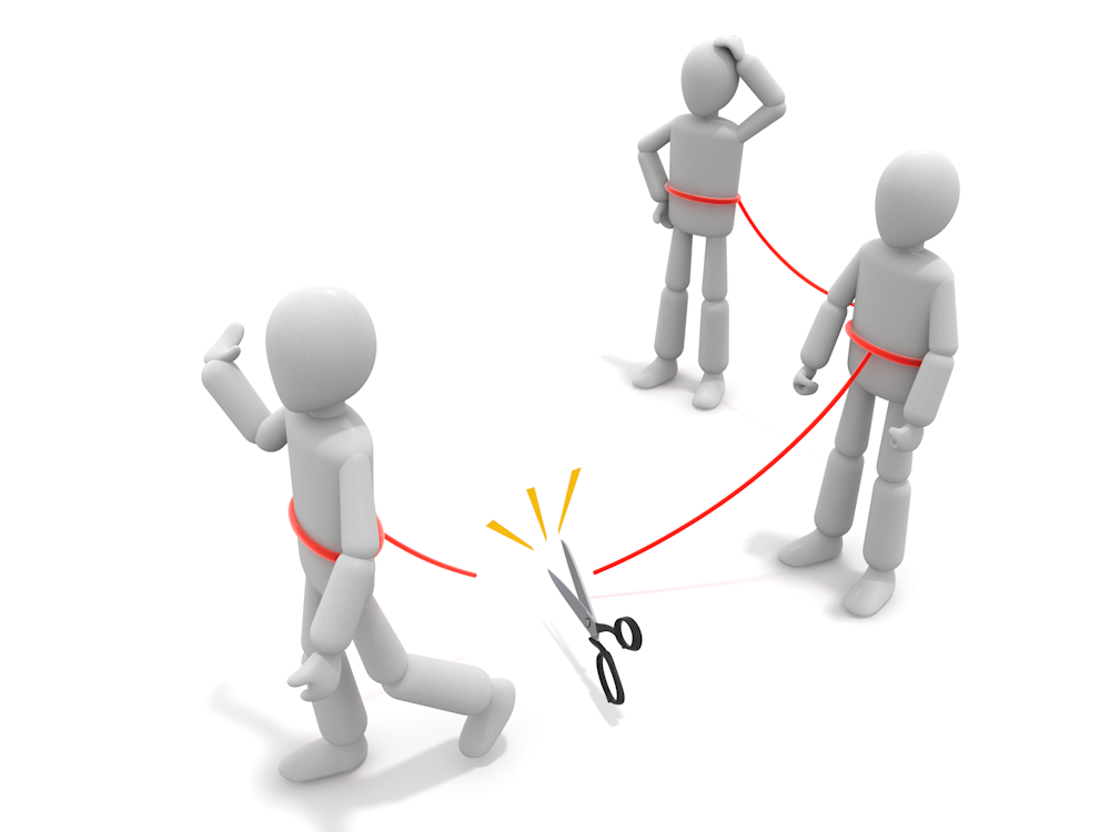 A free illustration of breaking relationships and self-liberation, depicting multiple people cutting a relationship connected by a red thread with scissors.