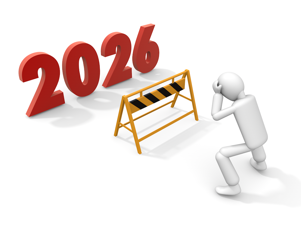 2026年の目標の前に立つ障害物に困惑し、頭を抱えるビジネスパーソンのイラスト。問題解決や困難への対処を表現。イラスト