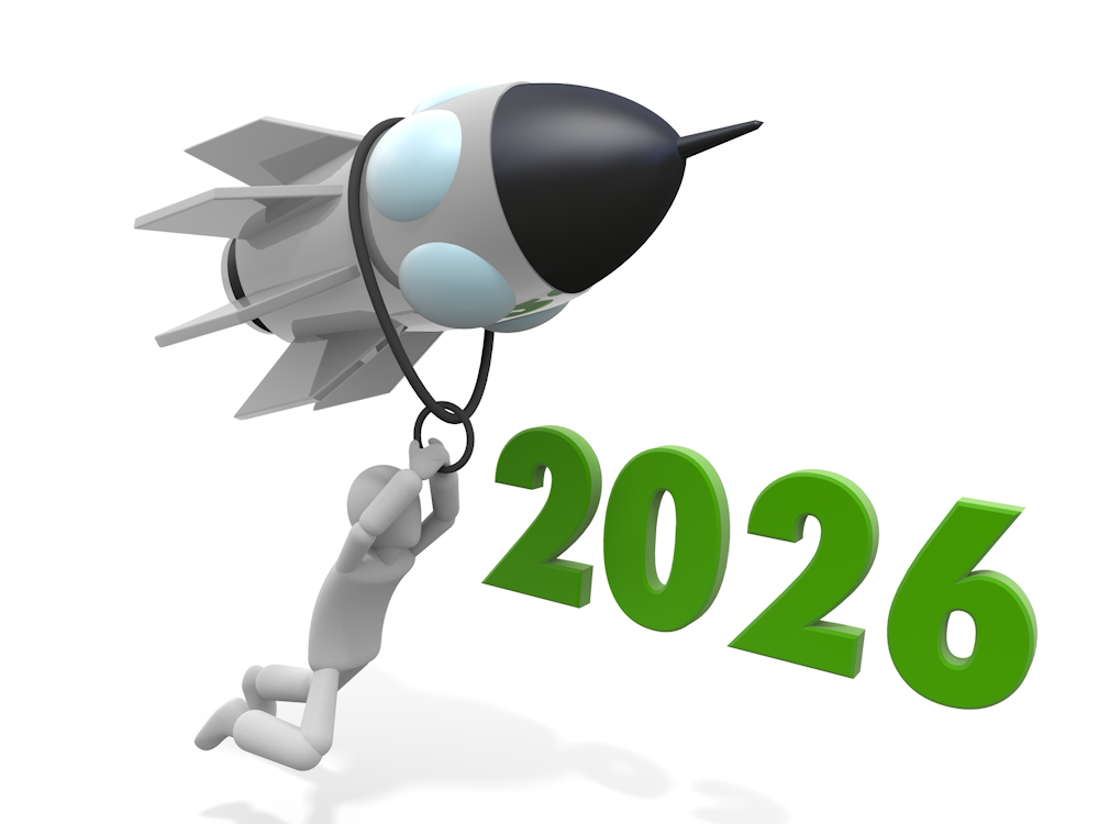 2026年の文字とロケットにぶら下がる人物のフリーイラスト素材。新しい年への飛躍と目標達成を象徴。