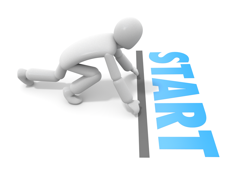 「START」の文字が書かれたスタートラインに構える人物を描いた、新しい始まりと挑戦の無料イラスト。