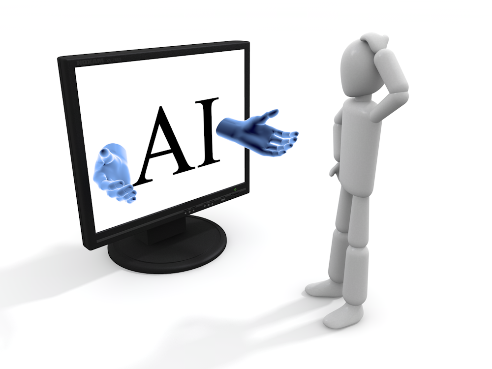 モニター画面に表示された「AI」の文字から伸びる青い手と、それを見上げる人物を描いた、人工知能と人間のインタラクションの無料イラスト。