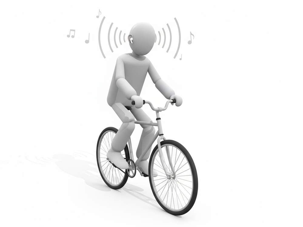 イヤホンで音楽を聴きながら自転車に乗っている人物のイラスト