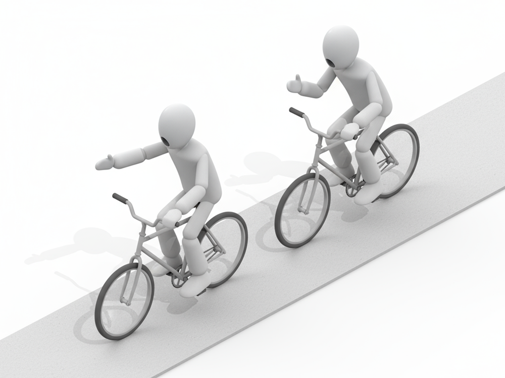 自転車で坂道を上り、一人が指差し、もう一人がサムズアップしている二人のイラスト