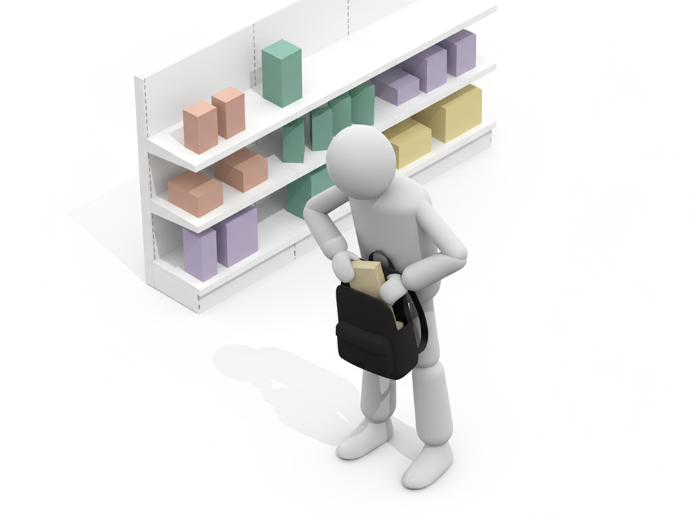陳列棚の前で、商品と思われるものをバッグに入れている(万引き)人物のイラスト