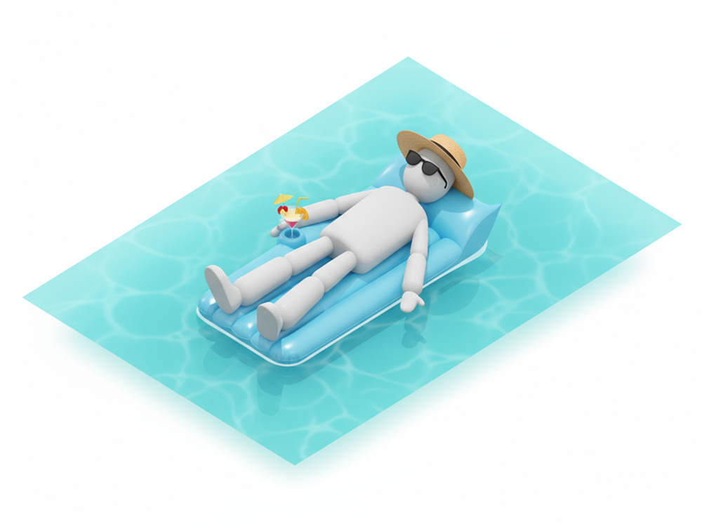 プールに浮かべた浮き輪マットに寝そべりカクテルを飲んでいるリラックスした人物のイラスト