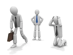 リストラで去る人・絶望して膝をつく人・仁王立ちする人のビジネス失敗シーンの白い3D人物