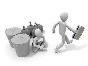 ゴミに座る人の横をアタッシュケースを持って素通りする白い3Dの人物