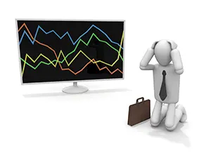 暴落するグラフ画面の前で鞄を置き頭を抱えて膝をつく白い3Dの人物