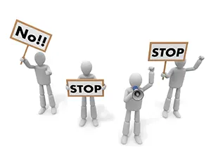 拡声器と多数のSTOP看板を持ってデモ活動を行っている白い3Dの人物たち