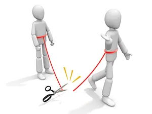 2人を繋ぐ赤い糸をハサミで切って関係を絶とうとする白い3Dの人物