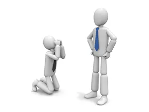 上司の前で膝をついて手を合わせ必死に頼み込んでいる白い3Dの人物