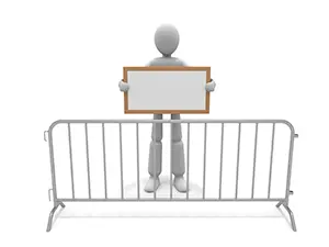 金属製のバリケードの後ろで空白の看板を持っている白い3Dの人物