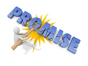 ハンマーでPROMISEの文字ブロックを叩き割っている白い3Dの人物