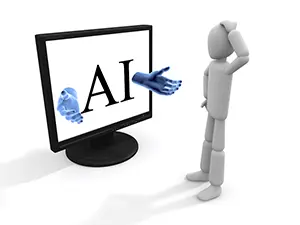 AIと書かれた画面から伸びる青い手を見て頭をかき困惑する白い3Dの人物