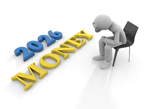 2026 MONEYの文字の横で椅子に座り頭を抱えて悩む白い3Dの人物