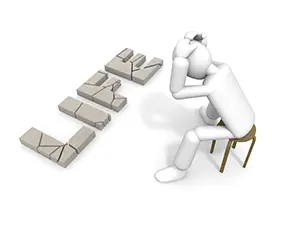 ひび割れて崩れたLIFEの文字の前で椅子に座り頭を抱える白い3Dの人物