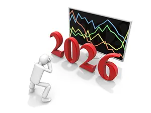 2026年の赤い文字と暴落するグラフの前で頭を抱え絶望する白い3Dの人物