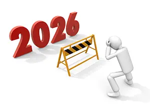 2026年の文字の前のバリケードと頭を抱えてしゃがみ込む白い3Dの人物