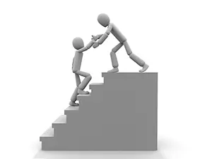 階段の上から手を差し伸べて下の相手を引き上げている白い3Dの人物