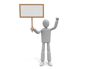 空白の木のプラカードを掲げてアピールしている白い3Dの人物