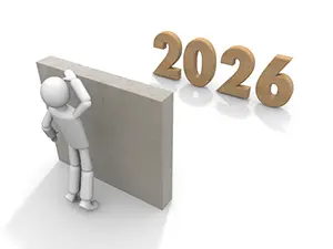 高い壁の向こうにある2026年の文字を覗き込んでいる白い3Dの人物