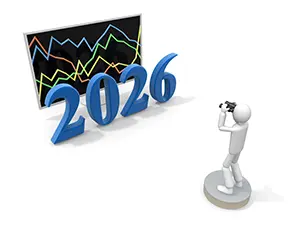 2026年の数字とグラフ画面を双眼鏡で遠くから観察している白い3Dの人物