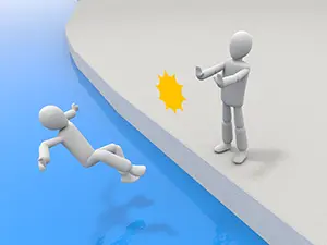 崖の上から相手を突き飛ばして水へ落としている白い3Dの人物