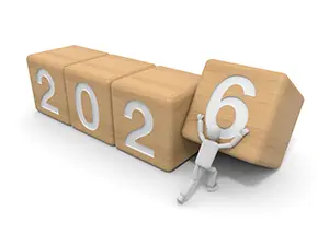 木のブロックの2026の最後の数字6を押して完成させようとする白い3Dの人物