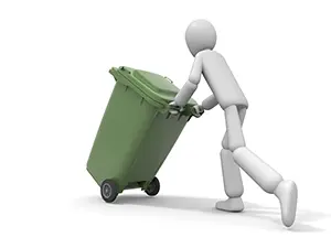大きな緑色のキャスター付きゴミ箱を押して運んでいる白い3Dの人物
