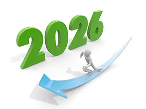 2026年の文字の前で青い上昇矢印を駆け上がる白い3Dの人物