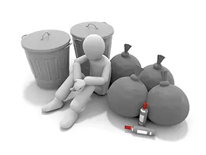 ゴミ箱とゴミ袋の横で空き瓶と共に座り込んでいる白い3Dの人物