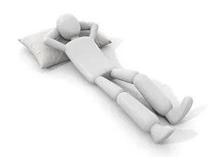 枕を使って手を頭の後ろに組みリラックスして仰向けで寝ている白い3Dの人物