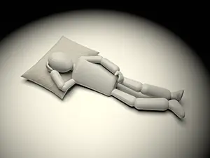 暗闇の中で枕に横たわり頭を抱えて眠れずにいる白い3Dの人物