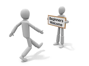 初心者歓迎の看板を持つ人の元へ楽しそうに歩み寄る白い3Dの人物