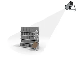 商品棚の前で監視カメラのライトに照らされている白い3Dの人物