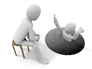 溺れて助けを求める人を椅子に座って静観している白い3Dの人物