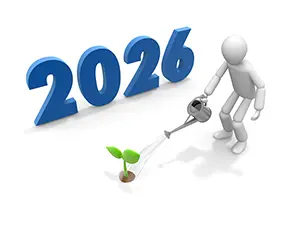 2026年の文字の前で植物の芽にジョウロで水をやる白い3Dの人物