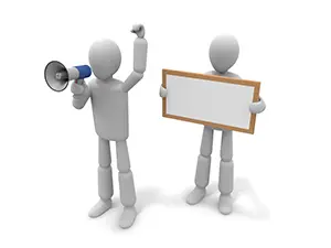 拡声器で叫ぶ人と空白のメッセージボードを掲げる白い3Dの人物