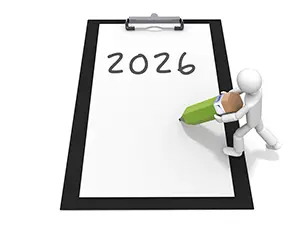 クリップボードの紙に鉛筆で2026と書いている白い3Dの人物