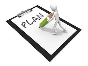 クリップボードの紙に鉛筆でPLANと書いている白い3Dの人物